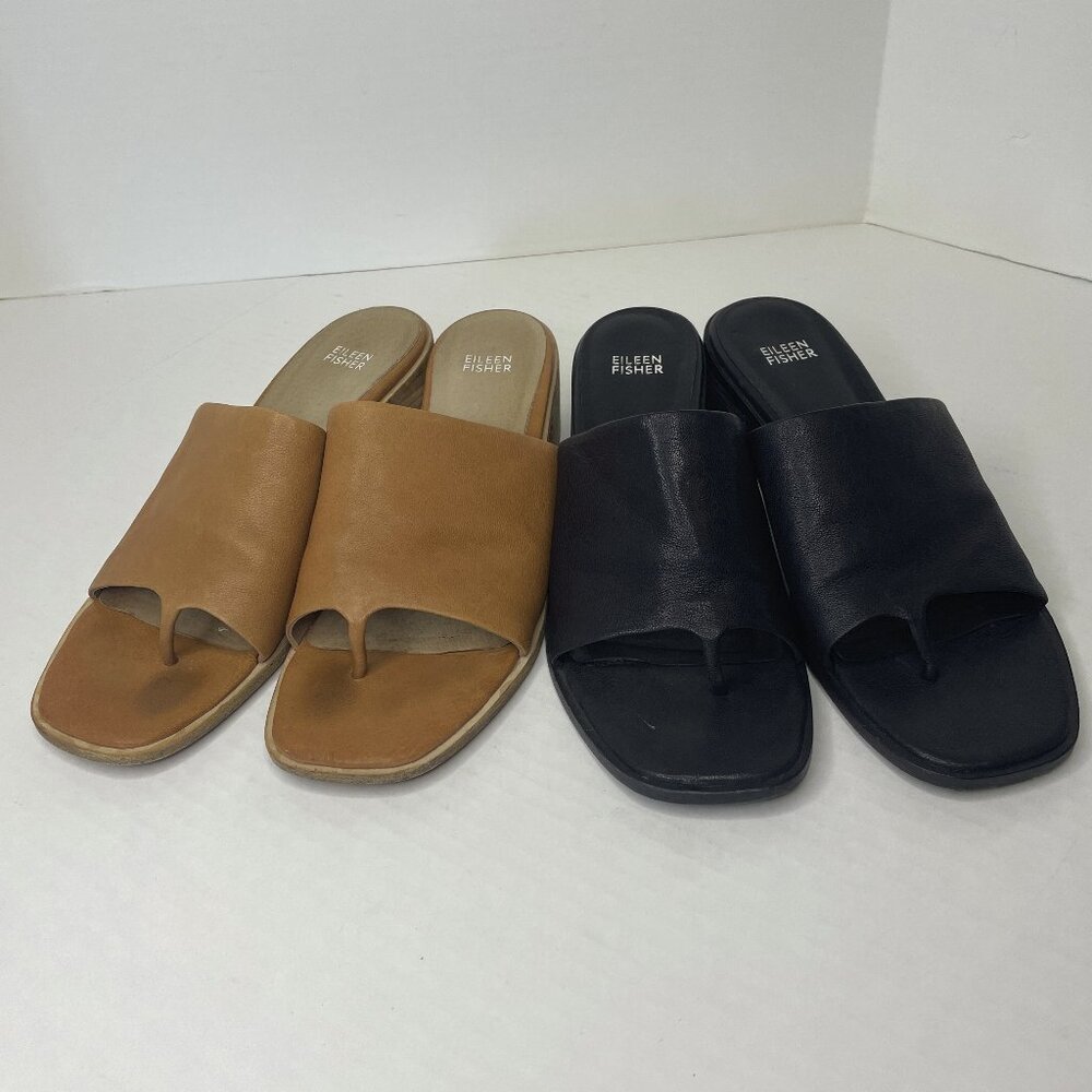 Eileen Fisher Airy Leather Slide Sz 10 Black Tan Lot 2 Sandals Slip On Stacked